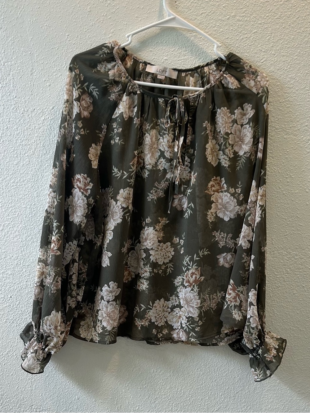 LOFT Olive Green Floral Tie-Neck Blouse